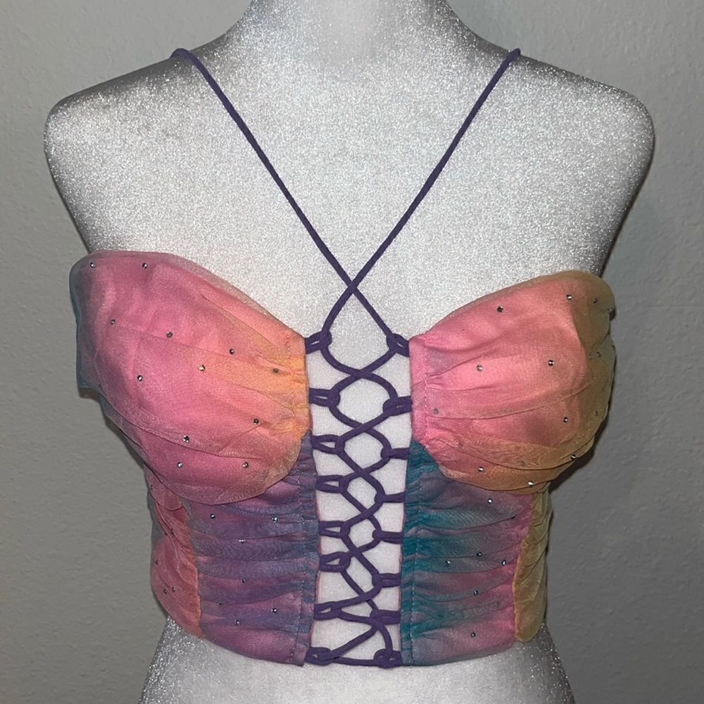 Blue Blush Rainbow rhinestone corset festival top NWOT